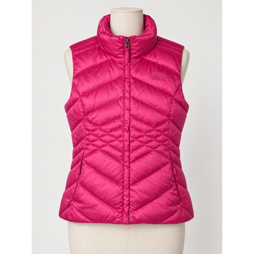 North Face Womens 550 Down Puffer Vest Hot Pink Satin Full Zip Preppy L